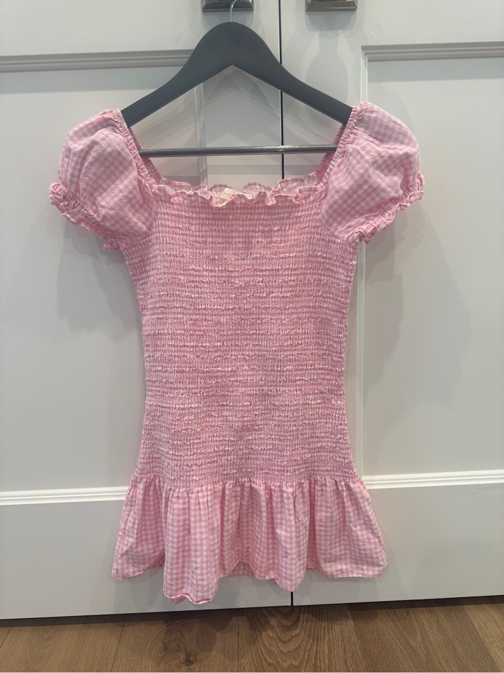 LoveShackFancy Pink Gingham Smocked Puff-Sleeve Dress